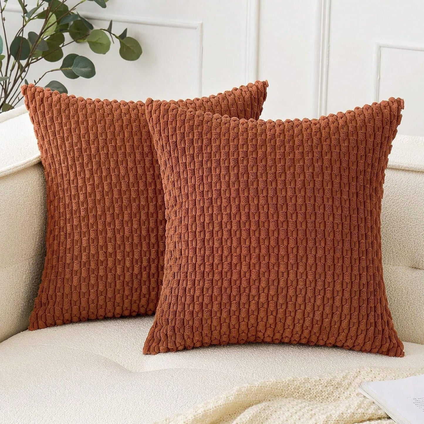 1pc/2pcs Caramel Bohemian Striped Throw Pillow Cover (Pillow Insert Not Included), Soft Plush Corduroy Solid Color Decorative Square Pillow Sham, Suitable For Holiday, Sofa, Bedroom, Bed, All Seasons