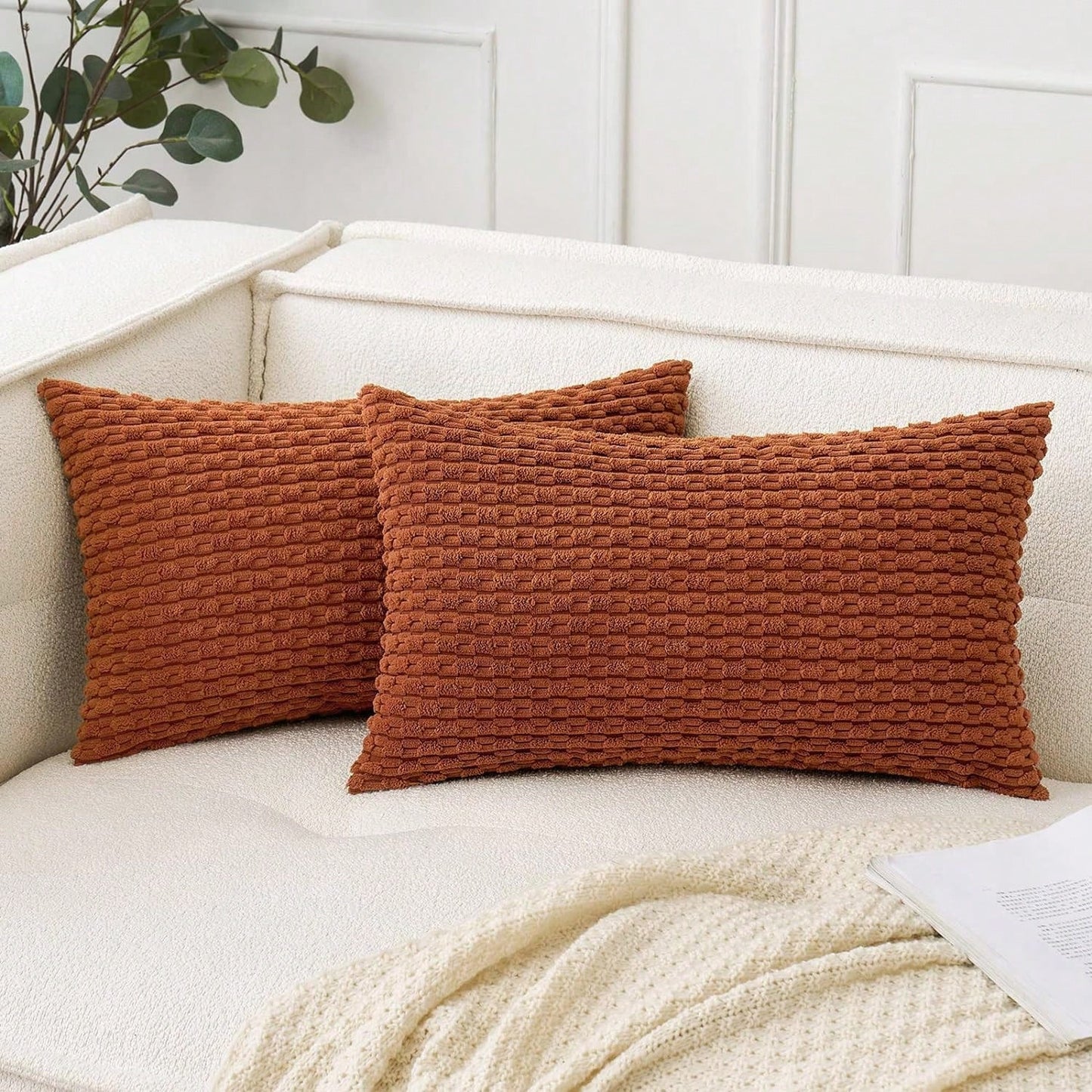 1pc/2pcs Caramel Bohemian Striped Throw Pillow Cover (Pillow Insert Not Included), Soft Plush Corduroy Solid Color Decorative Square Pillow Sham, Suitable For Holiday, Sofa, Bedroom, Bed, All Seasons