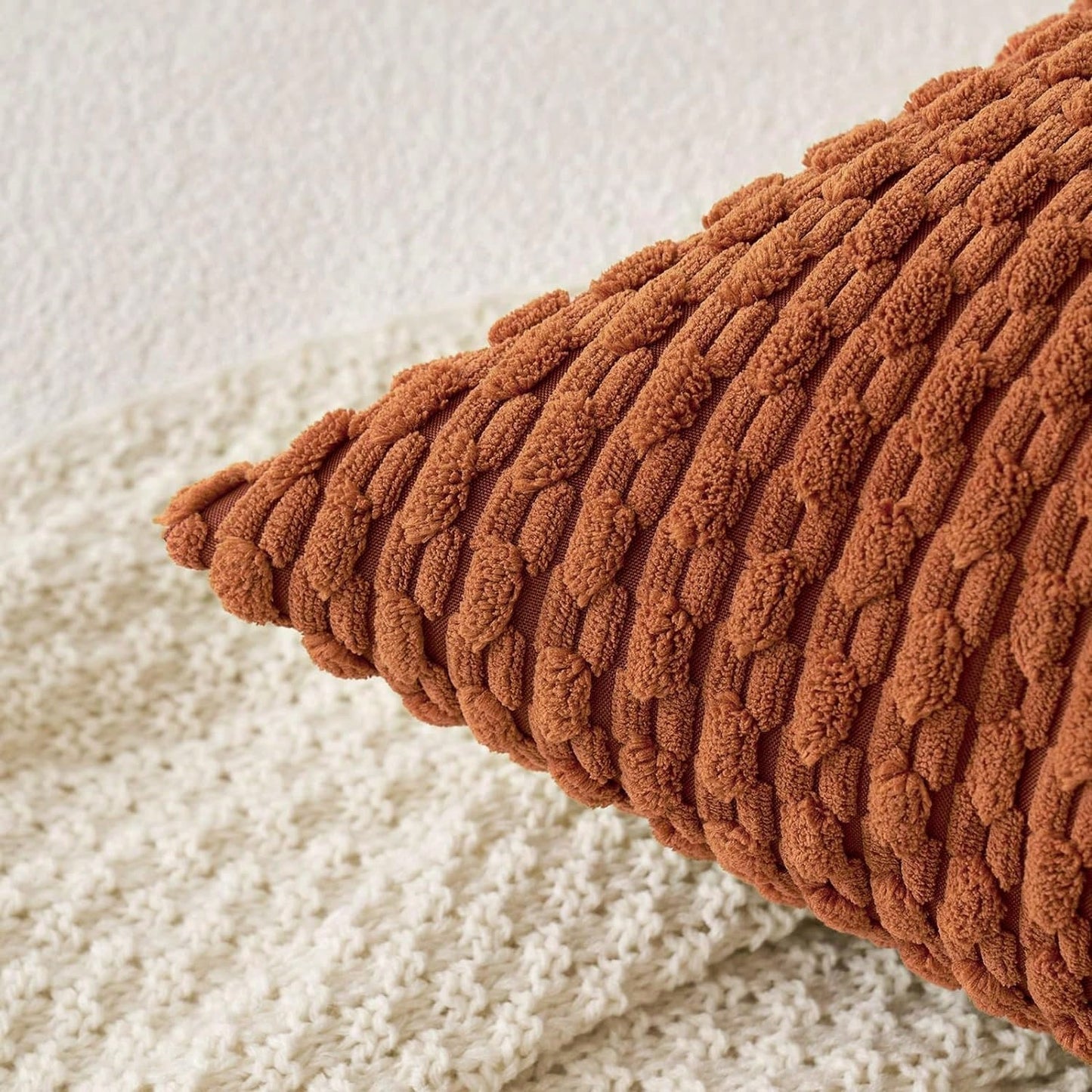 1pc/2pcs Caramel Bohemian Striped Throw Pillow Cover (Pillow Insert Not Included), Soft Plush Corduroy Solid Color Decorative Square Pillow Sham, Suitable For Holiday, Sofa, Bedroom, Bed, All Seasons
