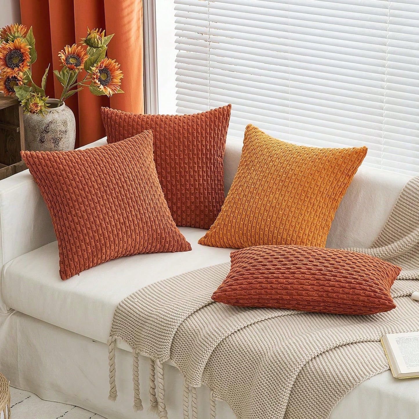 1pc/2pcs Caramel Bohemian Striped Throw Pillow Cover (Pillow Insert Not Included), Soft Plush Corduroy Solid Color Decorative Square Pillow Sham, Suitable For Holiday, Sofa, Bedroom, Bed, All Seasons