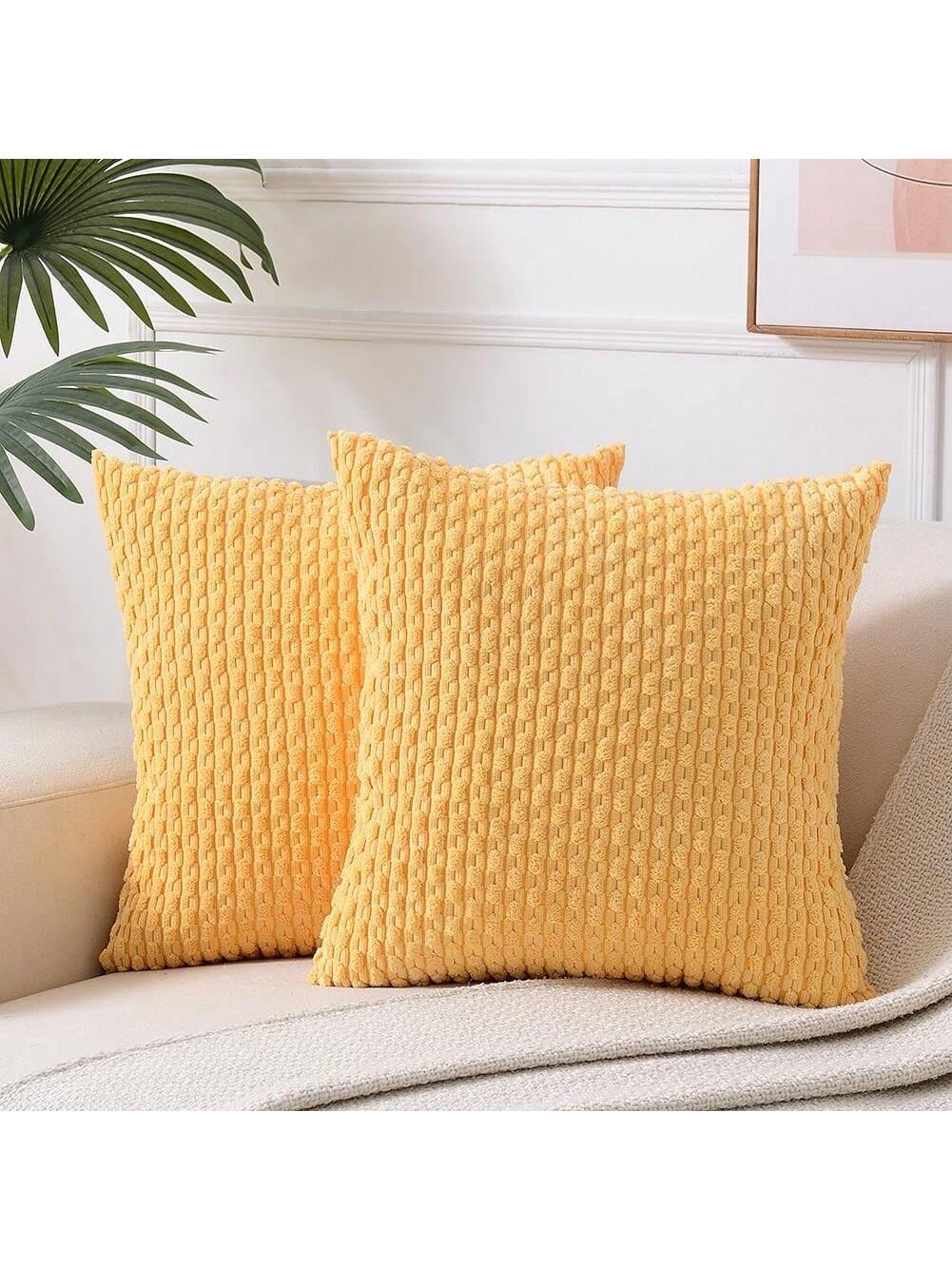 1pc/2pcs Caramel Bohemian Striped Throw Pillow Cover (Pillow Insert Not Included), Soft Plush Corduroy Solid Color Decorative Square Pillow Sham, Suitable For Holiday, Sofa, Bedroom, Bed, All Seasons