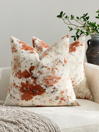 1pc/2pcs Coral Orange (No Insert) Floral Pattern Cushion Cover, Fashionable Vintage Comfortable Jacquard Chenille + Faux Cashmere Feel Pillowcase, Suitable For Daily Home Decor, Sofa, Bed, Bedroom, Gi