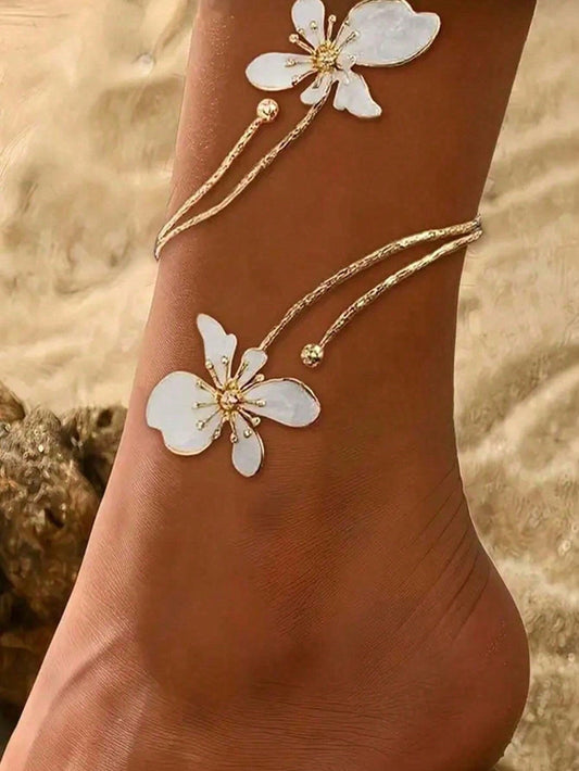 1pc Adjustable Floral Anklet, Geometric Design, Elegant Open-Style Foot Bracelet, Suitable For Women's Daily Wear Jewelry