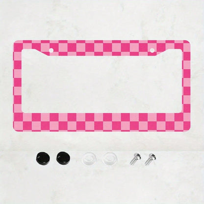 1pc Aluminum License Plate Frame- Checkered Print, 6x12 Inches US Standard Size, Pink & White Durable Car Bracket With 4 Screws And Rubber Caps, Suitable All Vehicles, Automotive Decorative, Enhanced