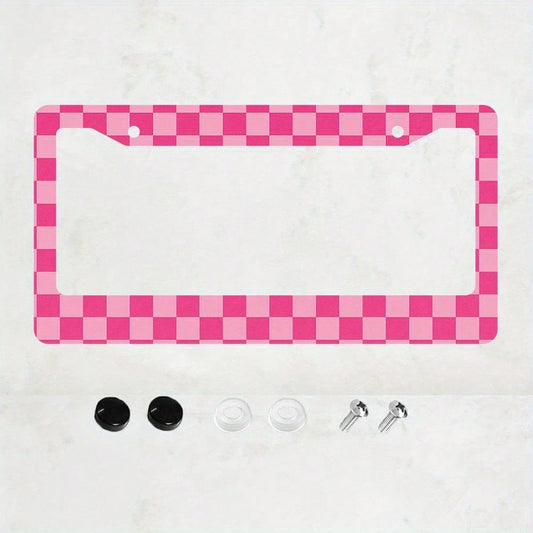 1pc Aluminum License Plate Frame- Checkered Print, 6x12 Inches US Standard Size, Pink & White Durable Car Bracket With 4 Screws And Rubber Caps, Suitable All Vehicles, Automotive Decorative, Enhanced