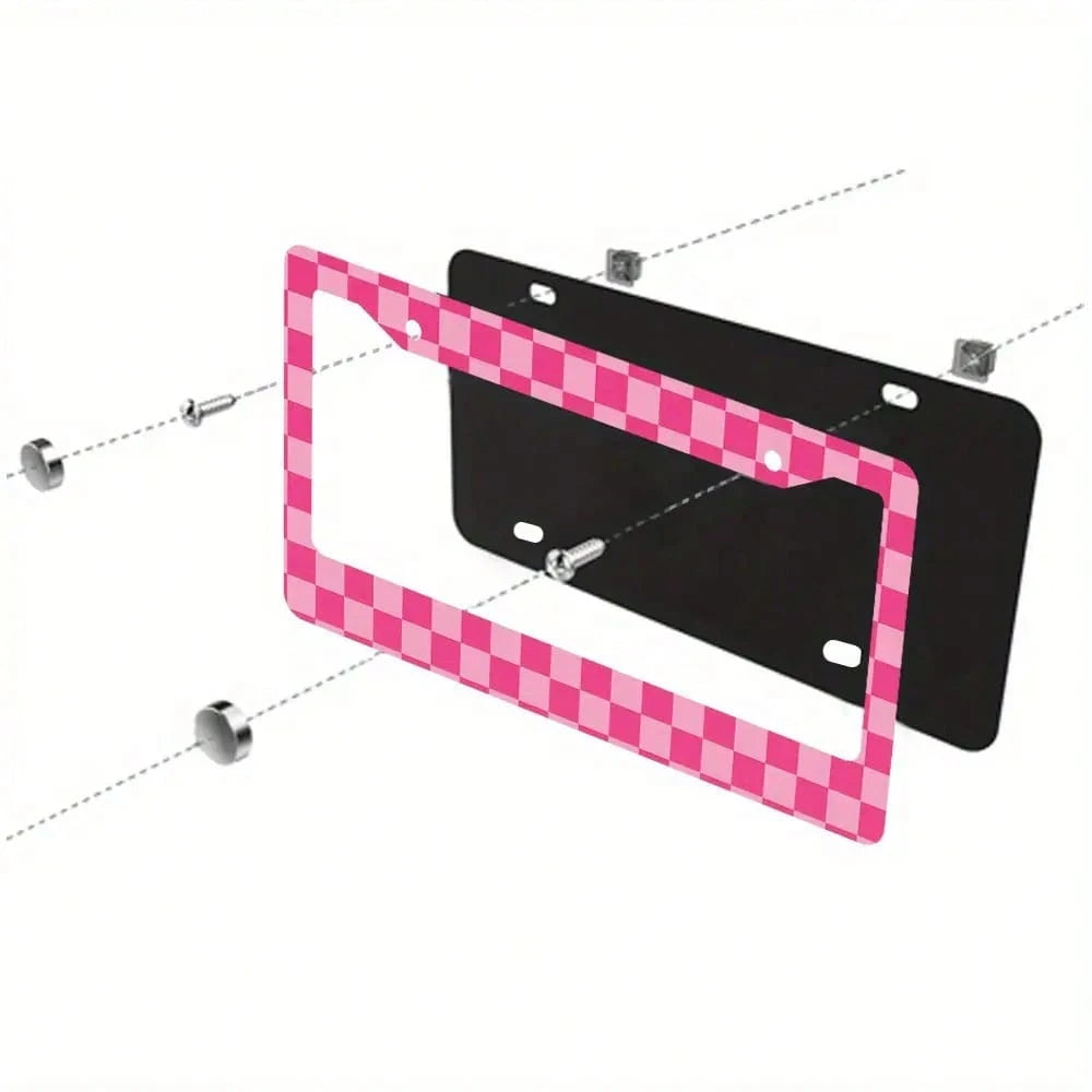 1pc Aluminum License Plate Frame- Checkered Print, 6x12 Inches US Standard Size, Pink & White Durable Car Bracket With 4 Screws And Rubber Caps, Suitable All Vehicles, Automotive Decorative, Enhanced