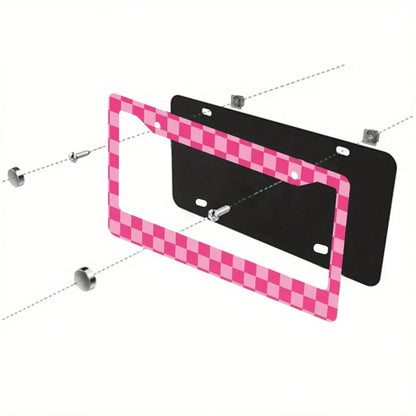 1pc Aluminum License Plate Frame- Checkered Print, 6x12 Inches US Standard Size, Pink & White Durable Car Bracket With 4 Screws And Rubber Caps, Suitable All Vehicles, Automotive Decorative, Enhanced