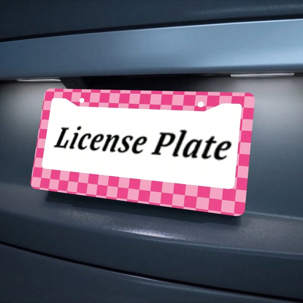 1pc Aluminum License Plate Frame- Checkered Print, 6x12 Inches US Standard Size, Pink & White Durable Car Bracket With 4 Screws And Rubber Caps, Suitable All Vehicles, Automotive Decorative, Enhanced