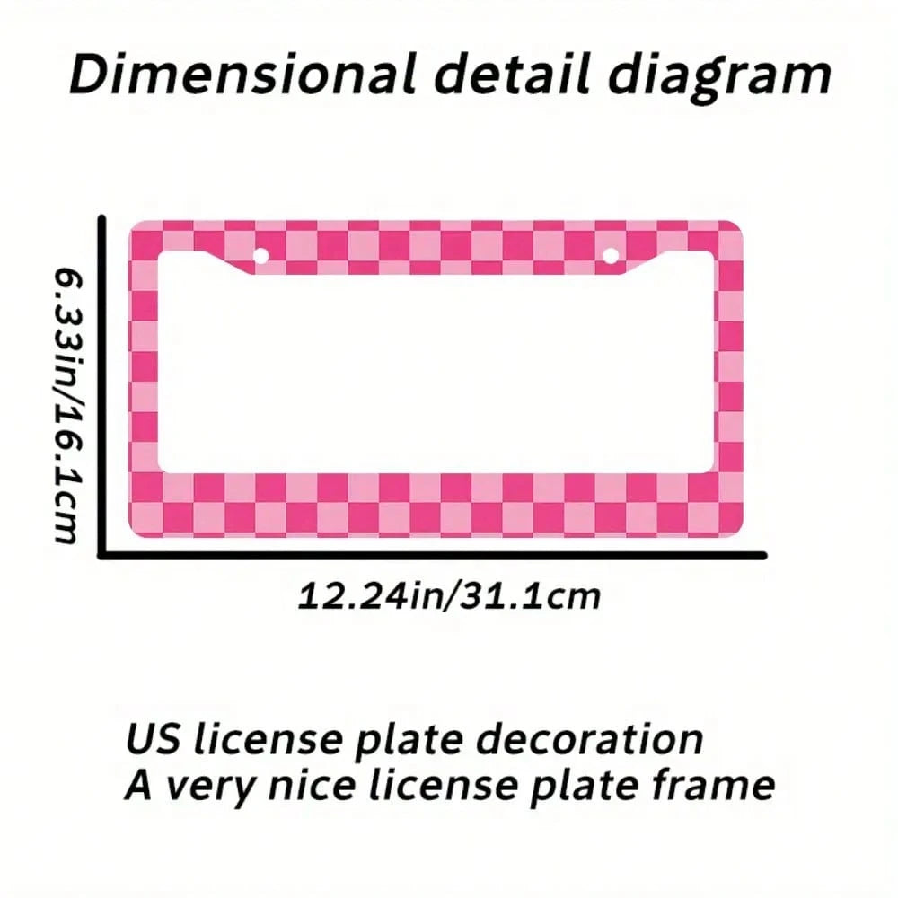 1pc Aluminum License Plate Frame- Checkered Print, 6x12 Inches US Standard Size, Pink & White Durable Car Bracket With 4 Screws And Rubber Caps, Suitable All Vehicles, Automotive Decorative, Enhanced