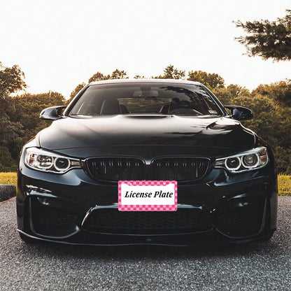 1pc Aluminum License Plate Frame- Checkered Print, 6x12 Inches US Standard Size, Pink & White Durable Car Bracket With 4 Screws And Rubber Caps, Suitable All Vehicles, Automotive Decorative, Enhanced