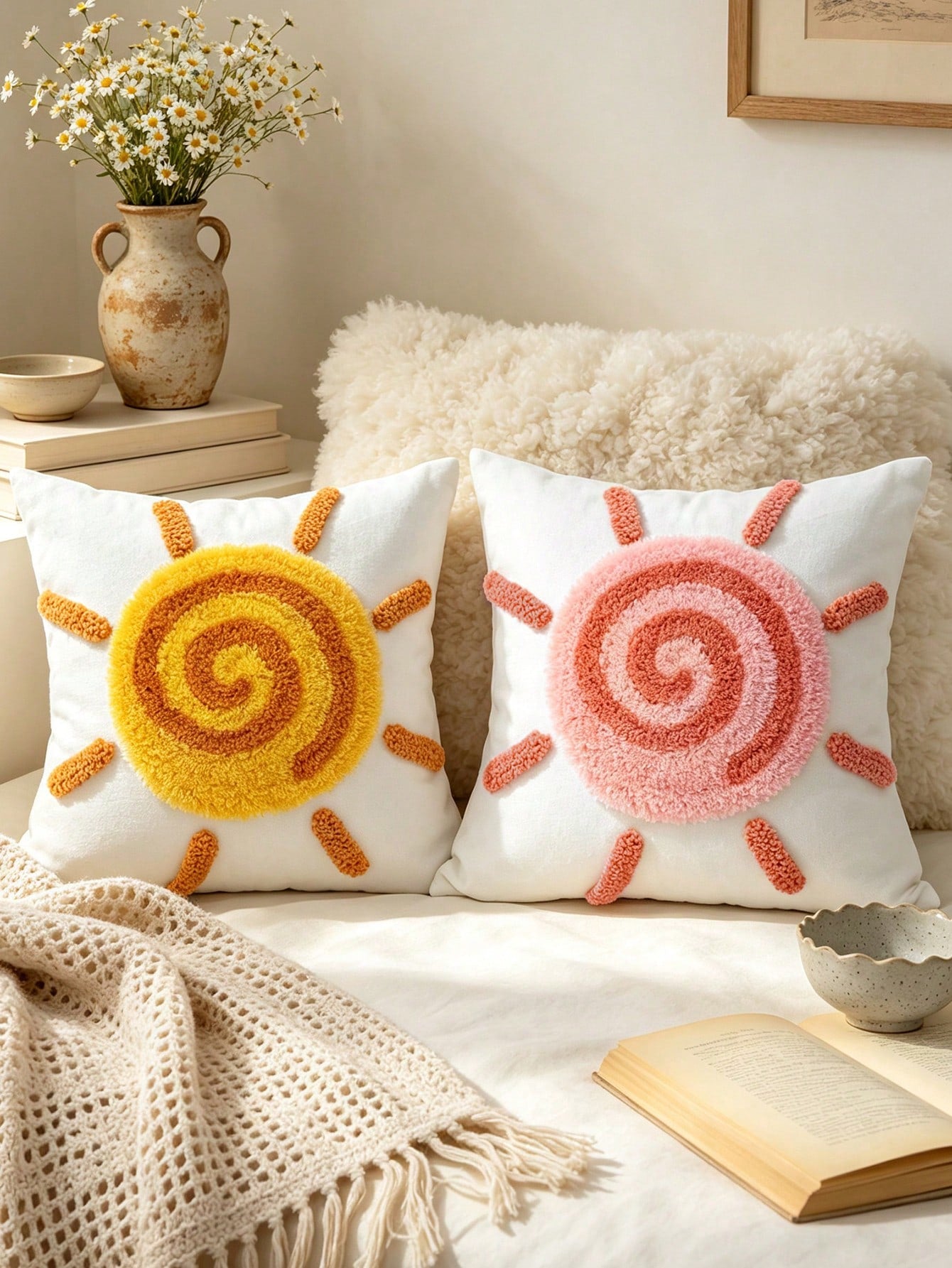 1pc American Country Spiral Sun Pillowcase, Yellow And Pink Dual Color Options, Soft Artistic Sofa Decorative Cushion Cover, 17.7*17.7 Inches (45*45 Cm), Pillow Insert Not Included, Machine Washable