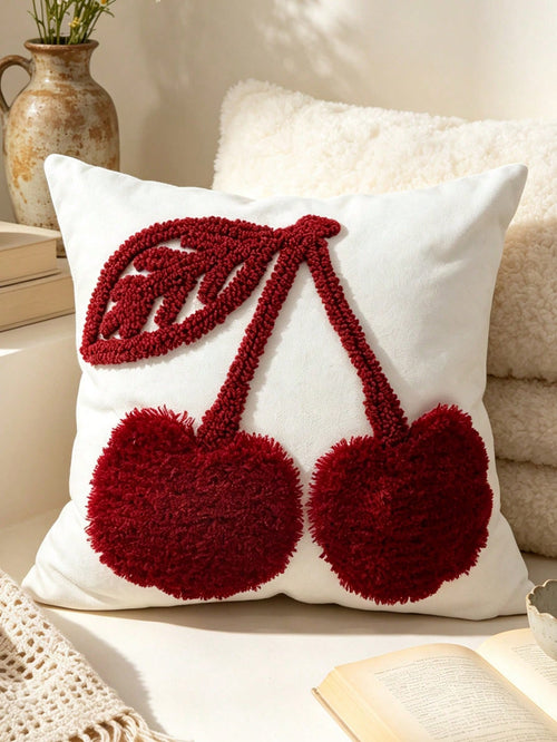 1pc American Vintage Burgundy Cherry Pillow Case, Fruit Pattern Creative Decorative Cushion Cover, Suitable For Living Room Sofa, Bedroom Bed, 17.7*17.7 Inches (45*45 Cm), Pillow Insert Not Included