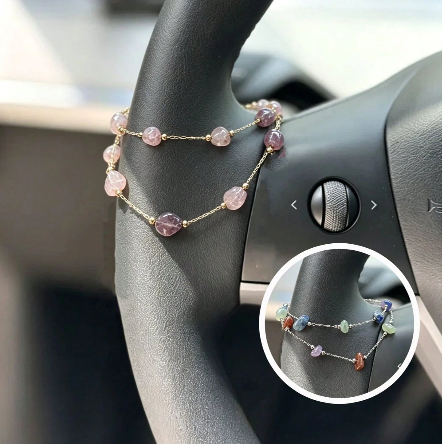 1pc Asymmetrical Stone Bead Steering Wheel Chain, Dainty Multicolor Beaded Auto Interior Decor Vehicle Accessory