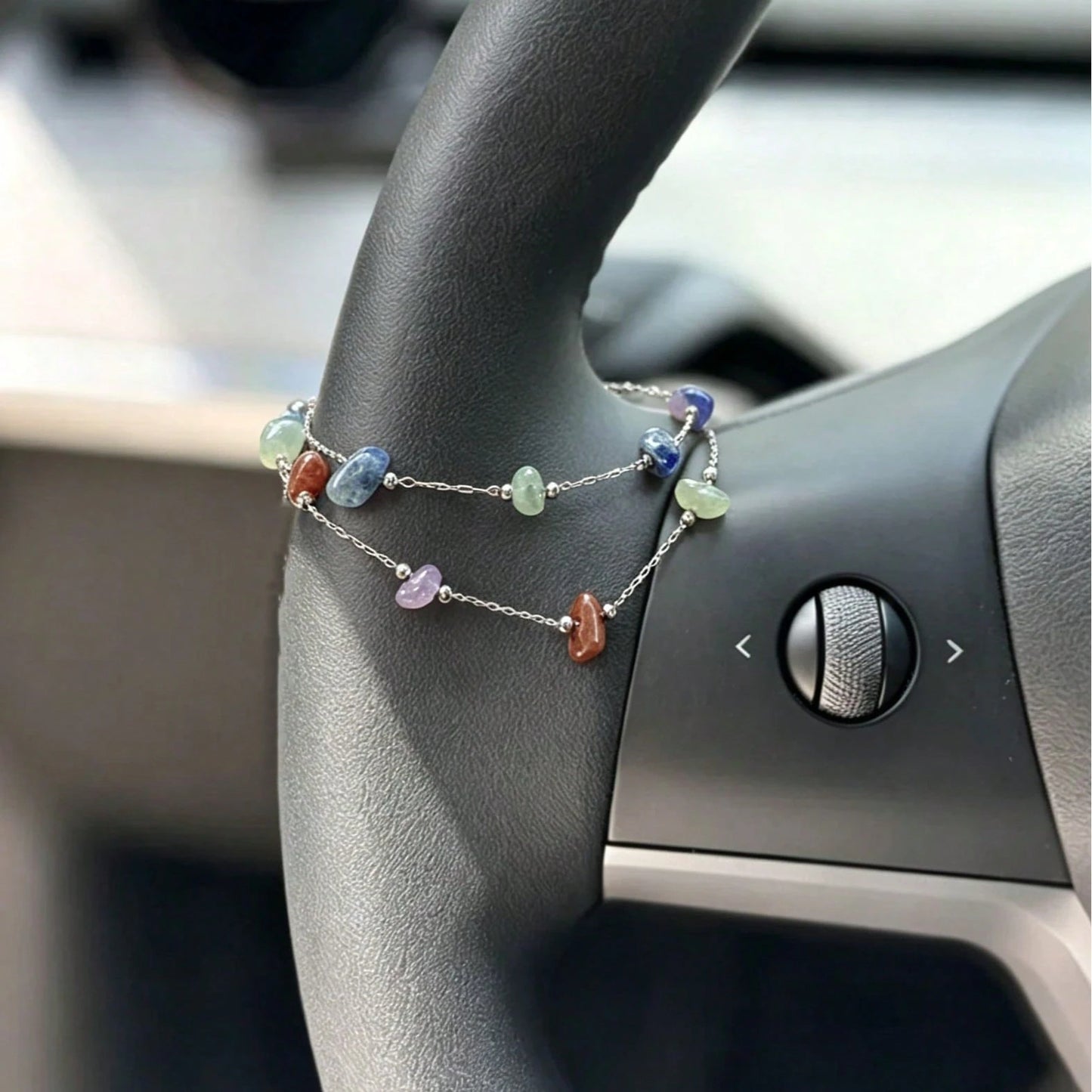 1pc Asymmetrical Stone Bead Steering Wheel Chain, Dainty Multicolor Beaded Auto Interior Decor Vehicle Accessory
