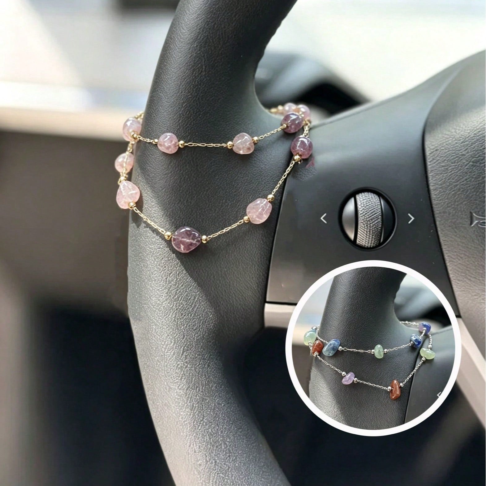 1pc Asymmetrical Stone Bead Steering Wheel Chain, Dainty Multicolor Beaded Auto Interior Decor Vehicle Accessory