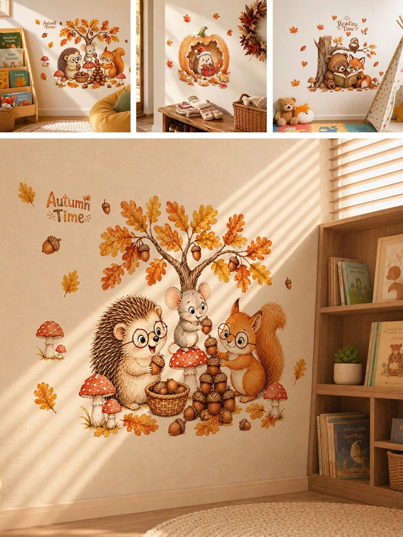 1pc Autumn Forest Animal Wall Stickers, Hedgehog Squirrel Mouse Mushroom Oak Leaf Decals, Cute Fall Decor For Kids Bedroom Nursery Wall Background