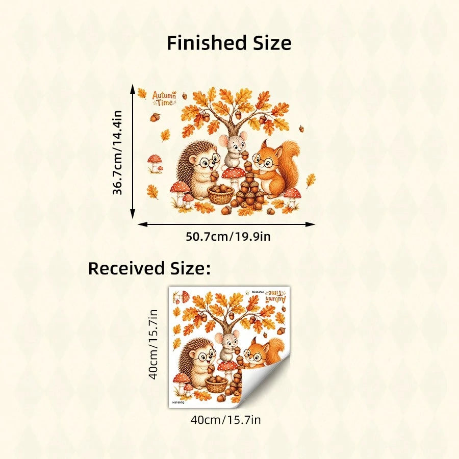 1pc Autumn Forest Animal Wall Stickers, Hedgehog Squirrel Mouse Mushroom Oak Leaf Decals, Cute Fall Decor For Kids Bedroom Nursery Wall Background