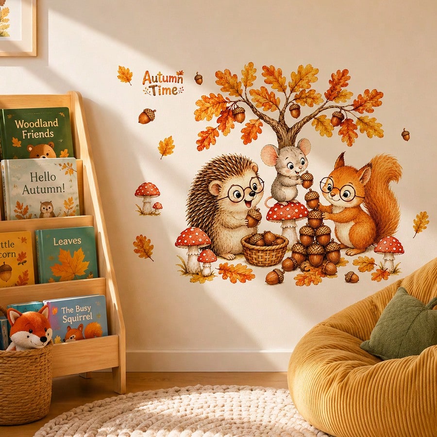 1pc Autumn Forest Animal Wall Stickers, Hedgehog Squirrel Mouse Mushroom Oak Leaf Decals, Cute Fall Decor For Kids Bedroom Nursery Wall Background