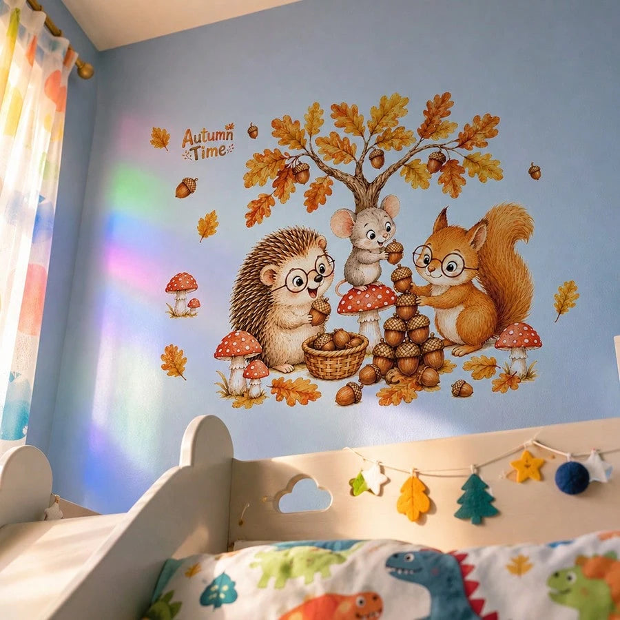 1pc Autumn Forest Animal Wall Stickers, Hedgehog Squirrel Mouse Mushroom Oak Leaf Decals, Cute Fall Decor For Kids Bedroom Nursery Wall Background
