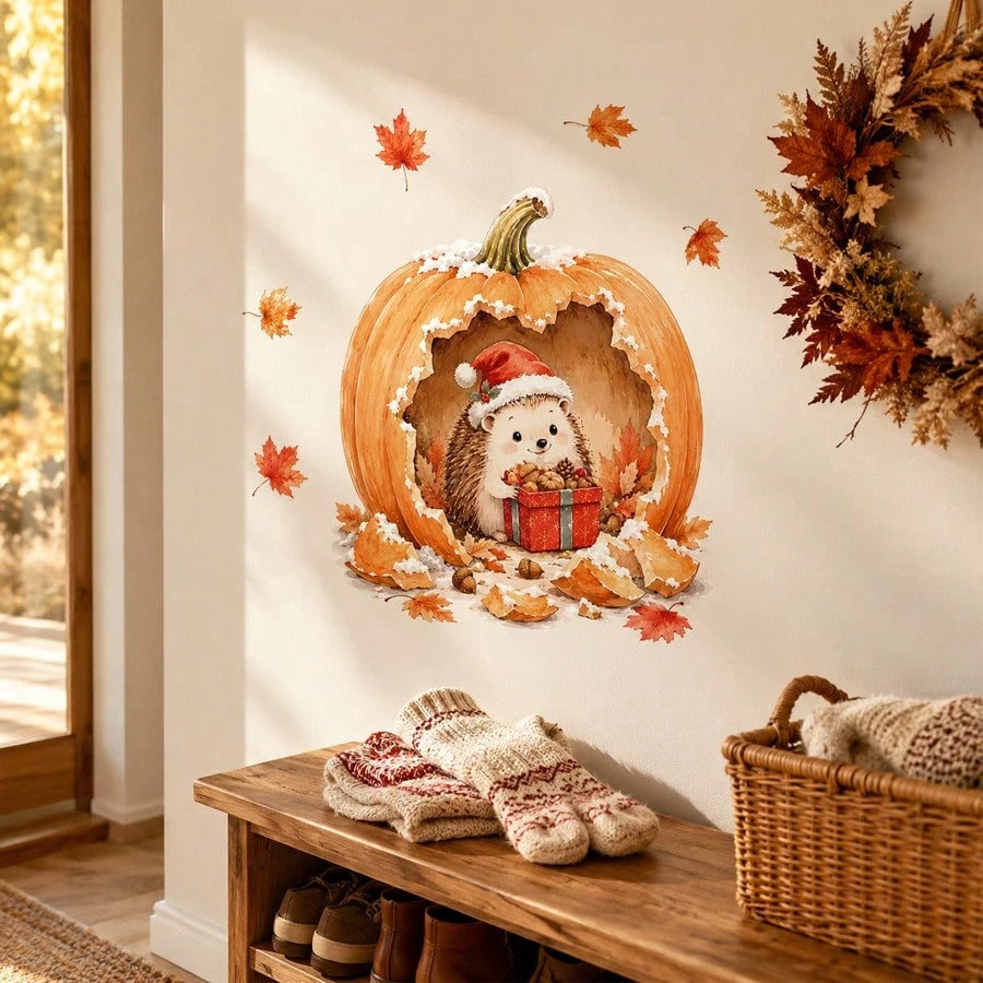 1pc Autumn Forest Animal Wall Stickers, Hedgehog Squirrel Mouse Mushroom Oak Leaf Decals, Cute Fall Decor For Kids Bedroom Nursery Wall Background