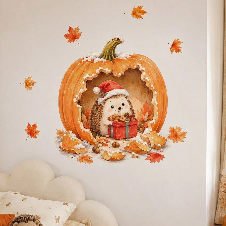 1pc Autumn Forest Animal Wall Stickers, Hedgehog Squirrel Mouse Mushroom Oak Leaf Decals, Cute Fall Decor For Kids Bedroom Nursery Wall Background