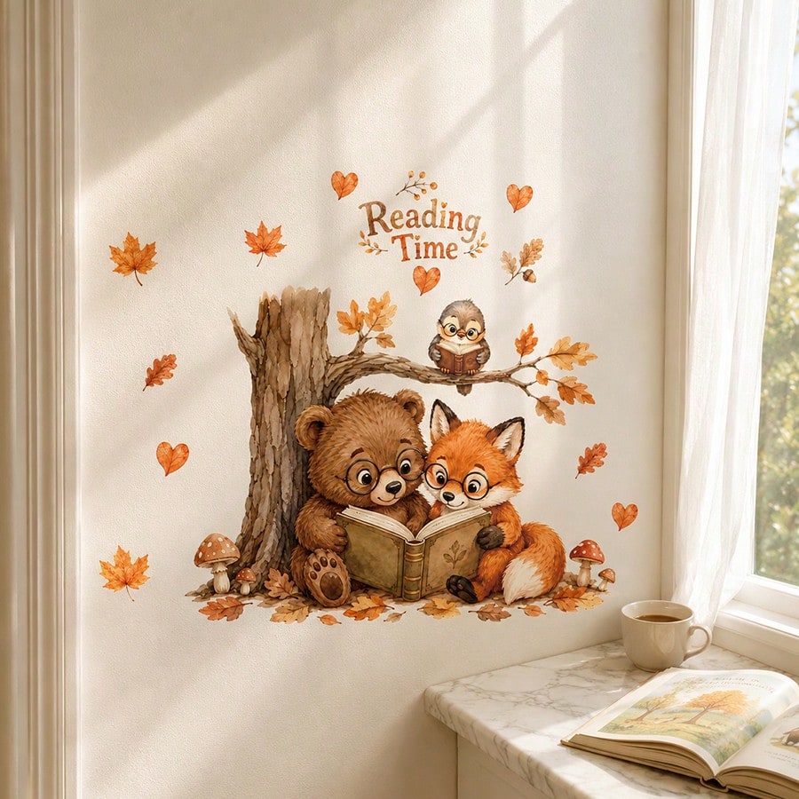1pc Autumn Forest Animal Wall Stickers, Hedgehog Squirrel Mouse Mushroom Oak Leaf Decals, Cute Fall Decor For Kids Bedroom Nursery Wall Background