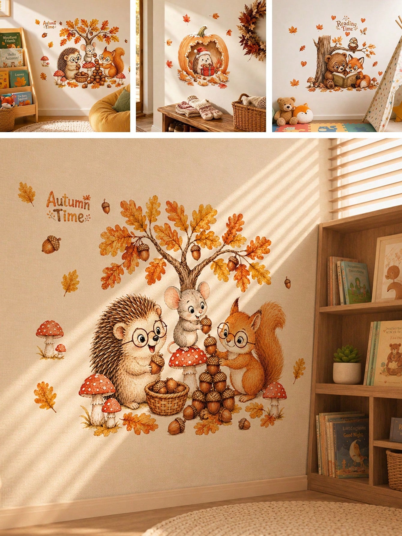1pc Autumn Forest Animal Wall Stickers, Hedgehog Squirrel Mouse Mushroom Oak Leaf Decals, Cute Fall Decor For Kids Bedroom Nursery Wall Background