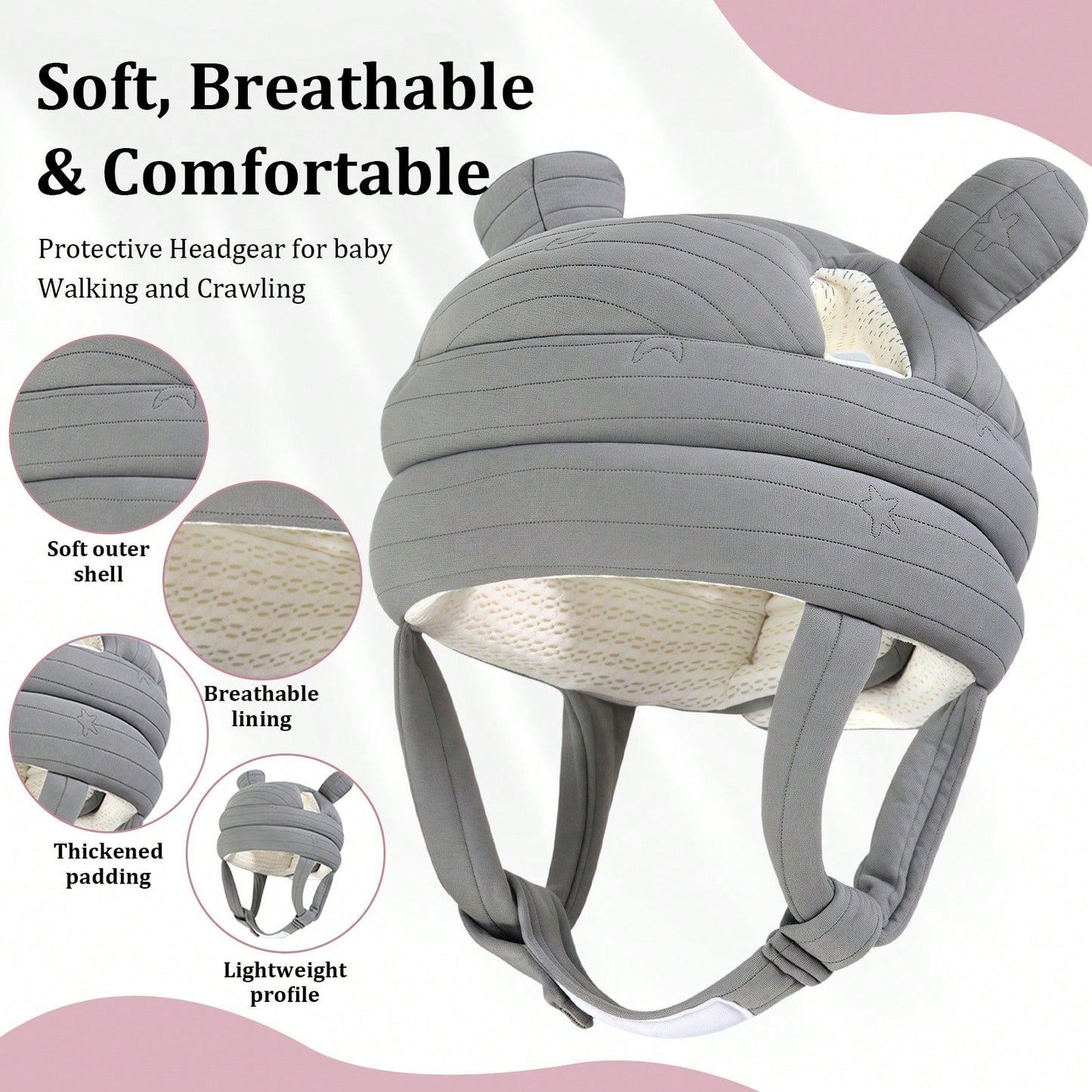1pc Baby Anti-Collision Head Protection Hat, Cartoon Bear Ear Baby Head Cushioning Cap, Adjustable Chin Strap, Soft Thick Padded Design, Suitable For Baby Crawling, Standing, Walking, Indoor Play And