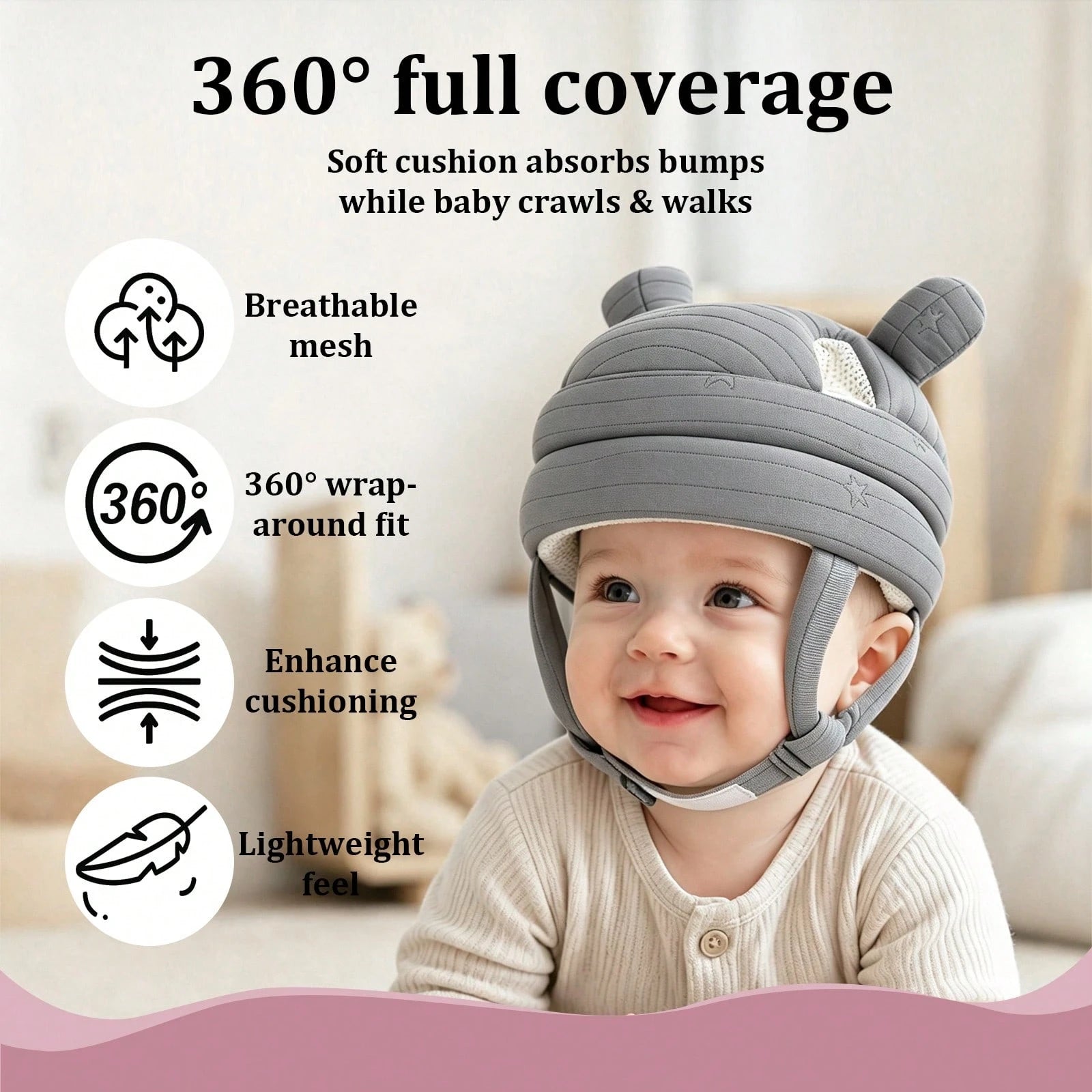 1pc Baby Anti-Collision Head Protection Hat, Cartoon Bear Ear Baby Head Cushioning Cap, Adjustable Chin Strap, Soft Thick Padded Design, Suitable For Baby Crawling, Standing, Walking, Indoor Play And