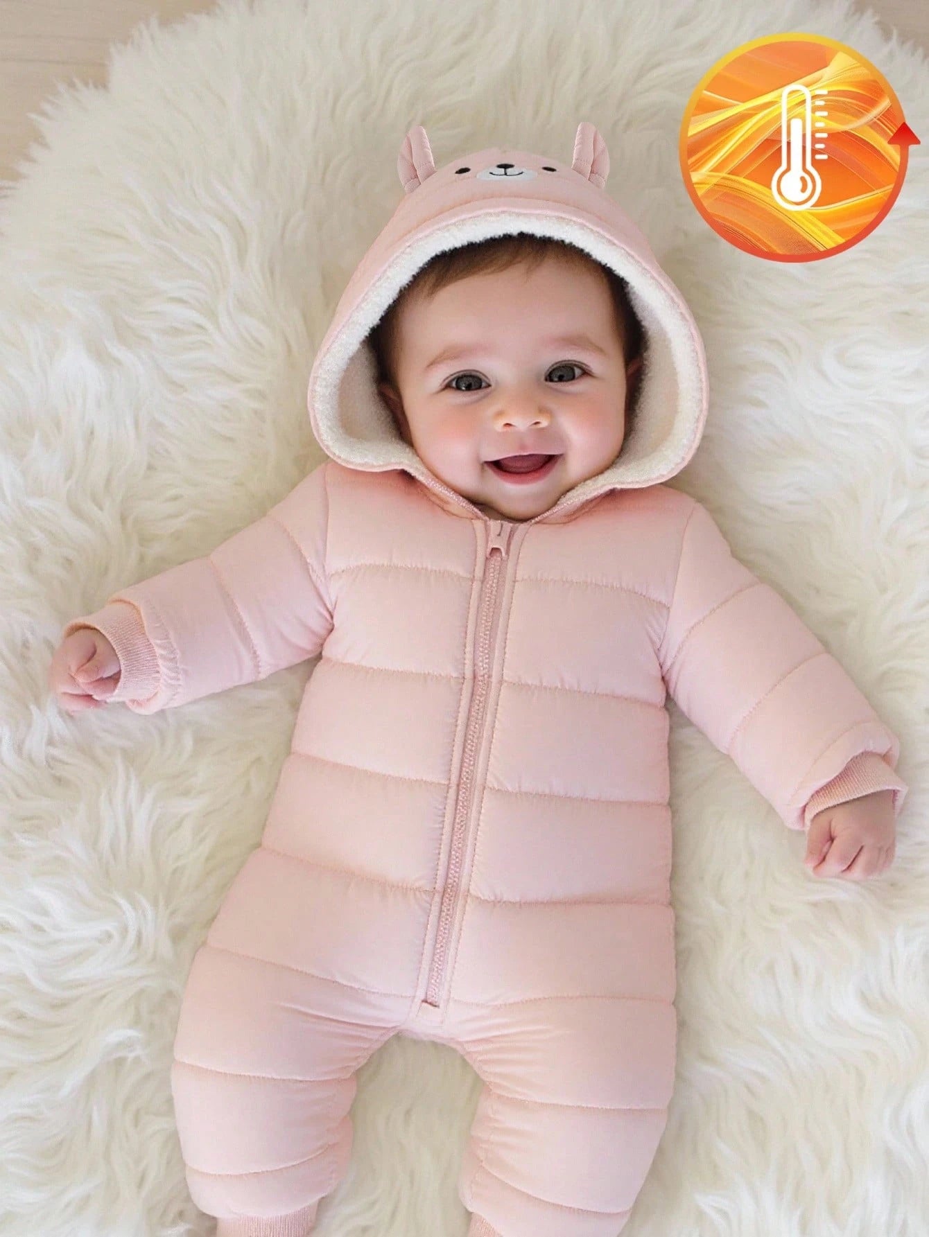 1pc Baby Girls' Winter New Light Pink Cute Zipper Front Hooded Romper With Embroidered Bear Ear Decor,Ribbed Cuffs,Warm Daily Casual Jumpsuit,Date