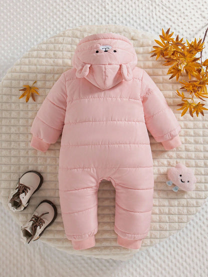 1pc Baby Girls' Winter New Light Pink Cute Zipper Front Hooded Romper With Embroidered Bear Ear Decor,Ribbed Cuffs,Warm Daily Casual Jumpsuit,Date
