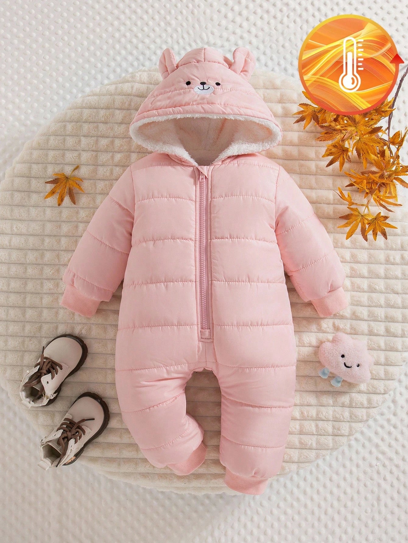 1pc Baby Girls' Winter New Light Pink Cute Zipper Front Hooded Romper With Embroidered Bear Ear Decor,Ribbed Cuffs,Warm Daily Casual Jumpsuit,Date