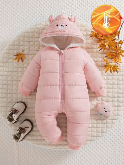 1pc Baby Girls' Winter New Light Pink Cute Zipper Front Hooded Romper With Embroidered Bear Ear Decor,Ribbed Cuffs,Warm Daily Casual Jumpsuit,Date