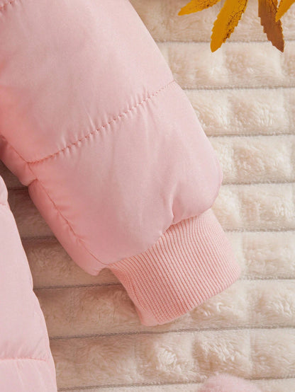 1pc Baby Girls' Winter New Light Pink Cute Zipper Front Hooded Romper With Embroidered Bear Ear Decor,Ribbed Cuffs,Warm Daily Casual Jumpsuit,Date