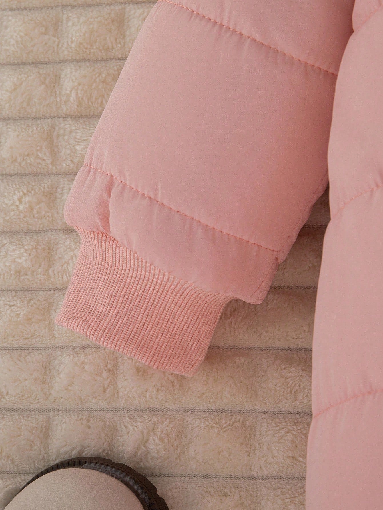 1pc Baby Girls' Winter New Light Pink Cute Zipper Front Hooded Romper With Embroidered Bear Ear Decor,Ribbed Cuffs,Warm Daily Casual Jumpsuit,Date