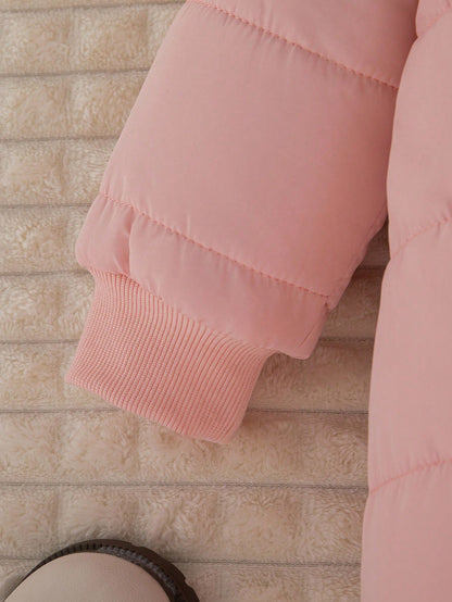1pc Baby Girls' Winter New Light Pink Cute Zipper Front Hooded Romper With Embroidered Bear Ear Decor,Ribbed Cuffs,Warm Daily Casual Jumpsuit,Date