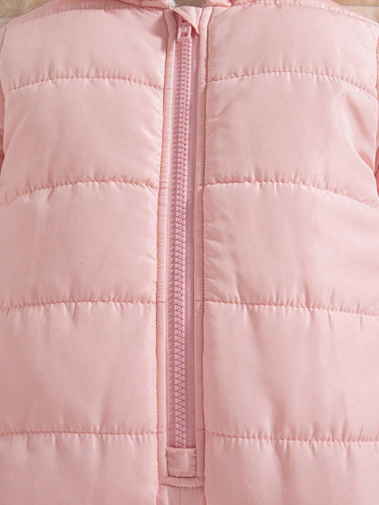 1pc Baby Girls' Winter New Light Pink Cute Zipper Front Hooded Romper With Embroidered Bear Ear Decor,Ribbed Cuffs,Warm Daily Casual Jumpsuit,Date