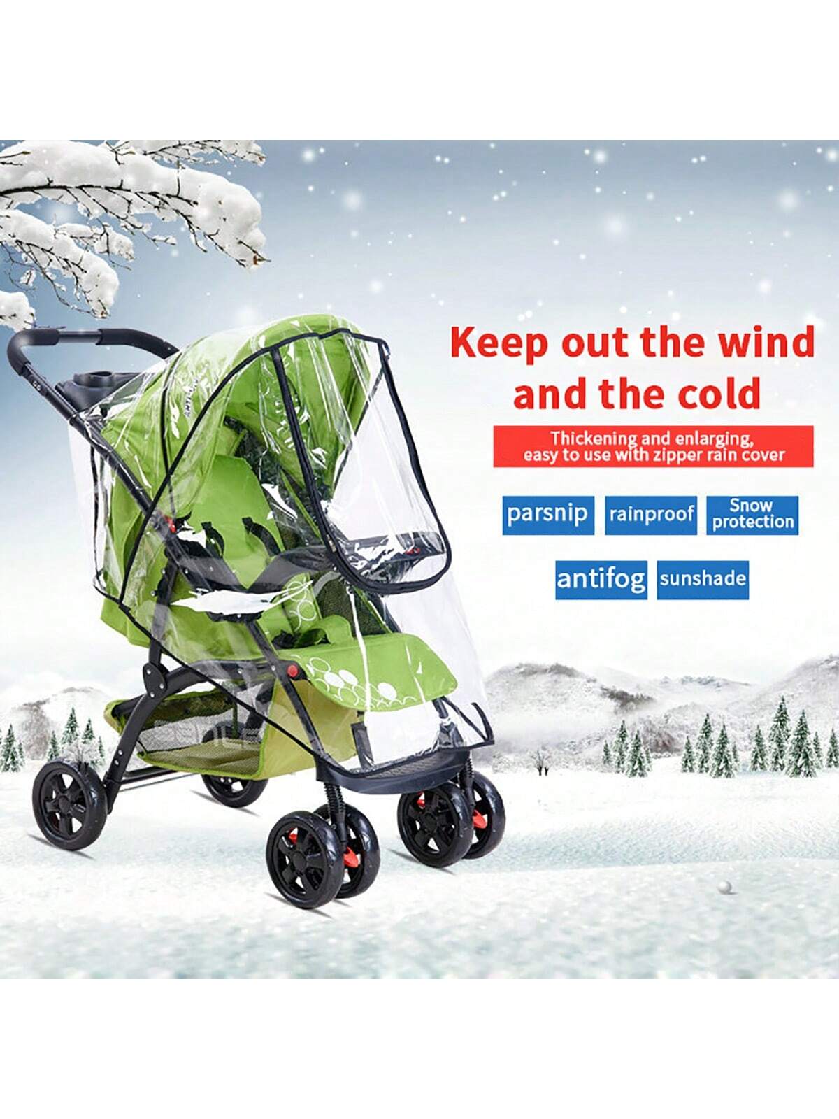 1pc Baby Stroller Rain Cover, Windproof Carriage Cover With Zipper, Transparent EVA Rain Poncho