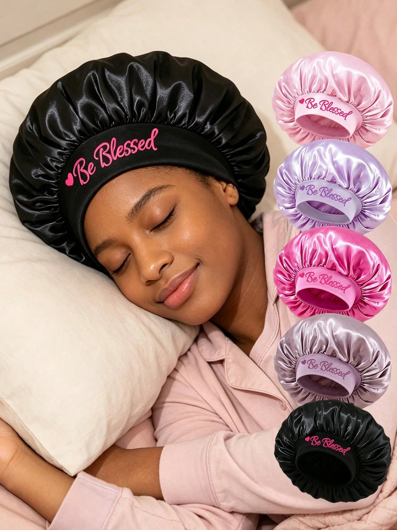 1pc Be Blessed Wide Brim Satin Sleep Cap, Women's Hair Care Anti-Frizz Sleep Bonnet, Home Skincare & Hair Care Cap