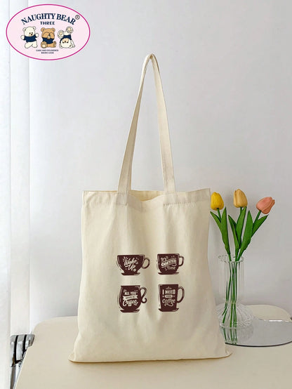 1pc Beige 4-Cup Coffee But Women's Canvas Tote Bag, Portable Shopping Bag For Outings