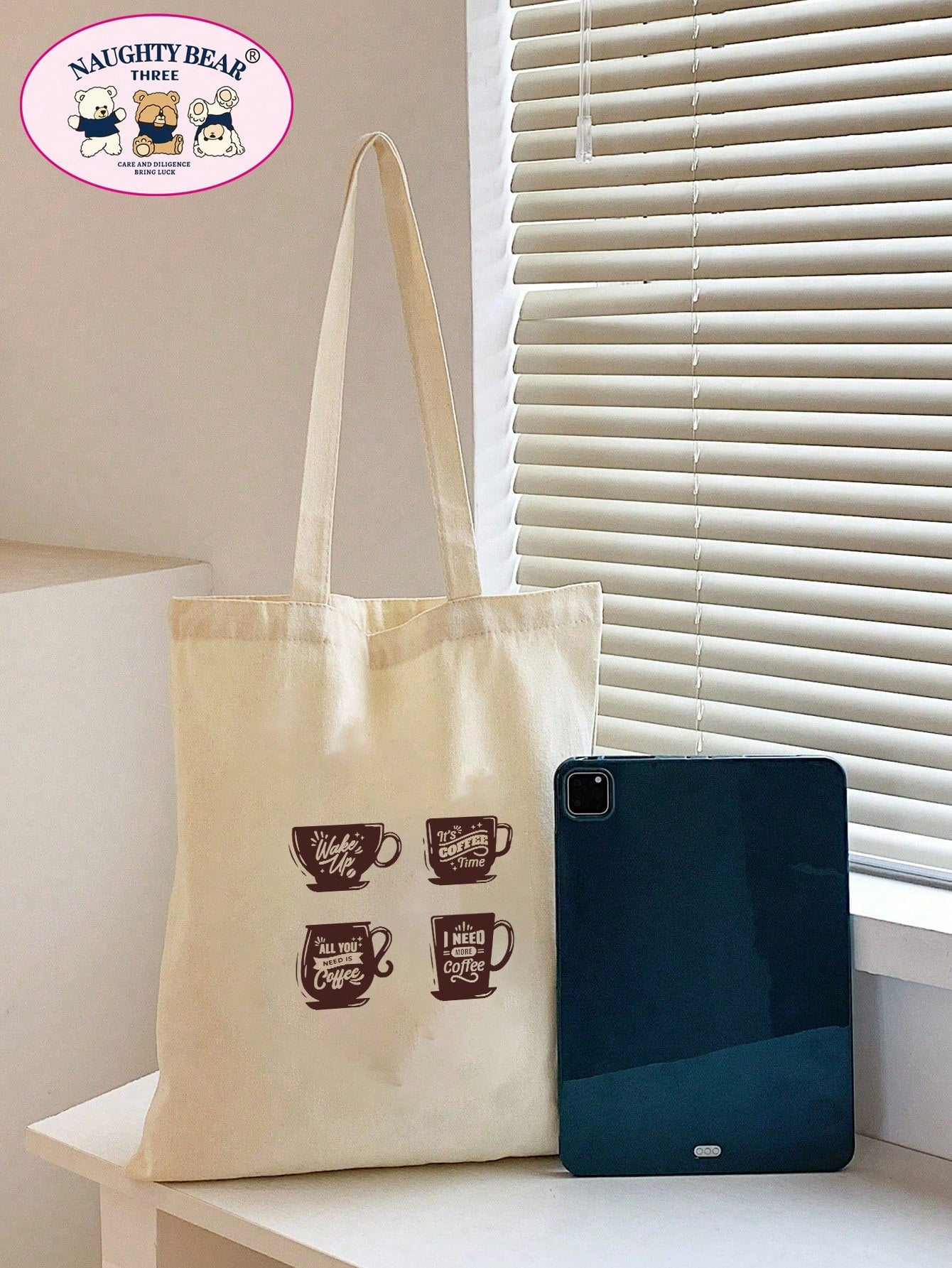 1pc Beige 4-Cup Coffee But Women's Canvas Tote Bag, Portable Shopping Bag For Outings