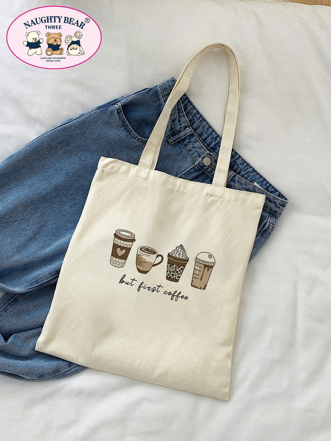 1pc Beige 4-Cup Coffee But Women's Canvas Tote Bag, Portable Shopping Bag For Outings