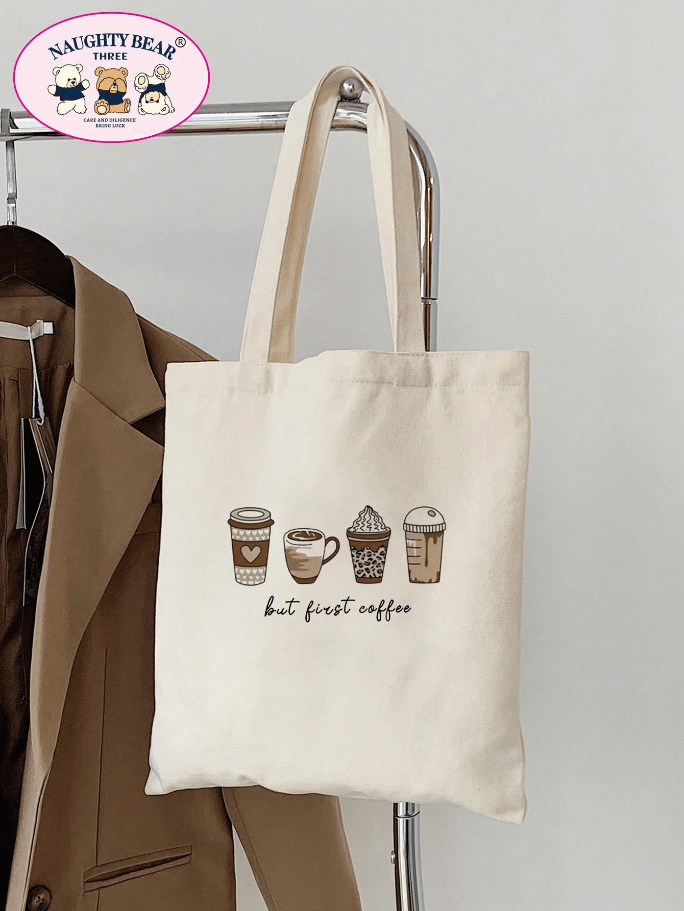1pc Beige 4-Cup Coffee But Women's Canvas Tote Bag, Portable Shopping Bag For Outings