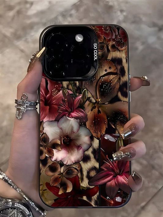 1pc Black Floral Fashion Phone Case Matte Laser Energetic Shell, Personalized American Style Leopard Print Base With Vibrant Floral Collage Pattern Phone Case, Compatible With Iphone 16 Pro Max, 17/16