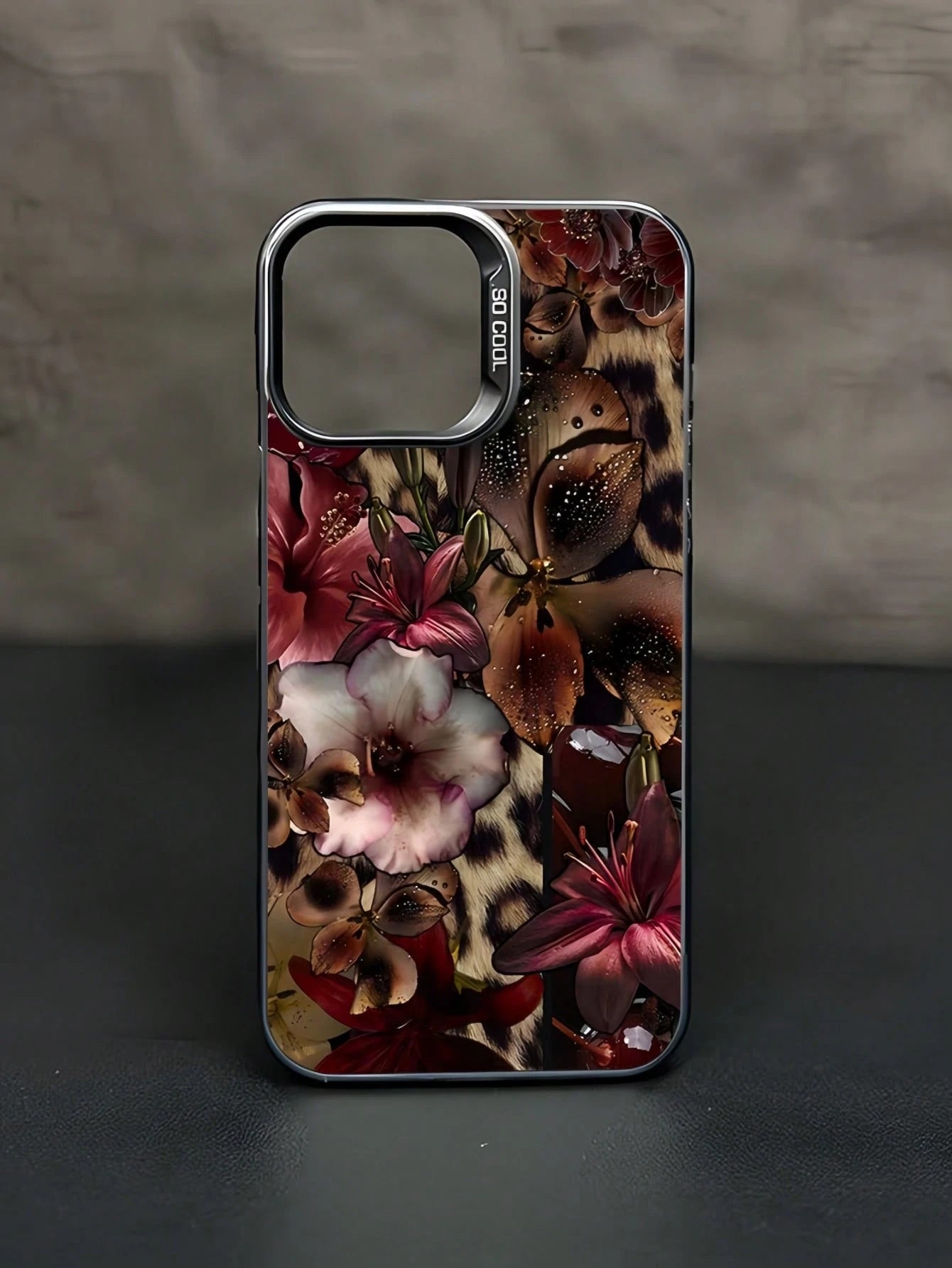 1pc Black Floral Fashion Phone Case Matte Laser Energetic Shell, Personalized American Style Leopard Print Base With Vibrant Floral Collage Pattern Phone Case, Compatible With Iphone 16 Pro Max, 17/16