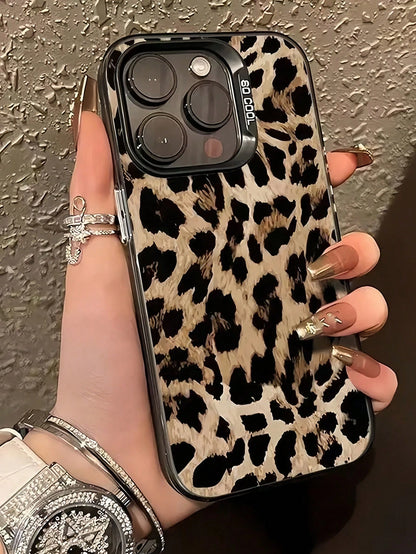 1pc Black Floral Fashion Phone Case Matte Laser Energetic Shell, Personalized American Style Leopard Print Base With Vibrant Floral Collage Pattern Phone Case, Compatible With Iphone 16 Pro Max, 17/16