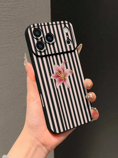 1pc Black Matte Anti-Fall Anti-Slip TPU Soft Phone Case UV Printed Stripe And Flower Pattern Phone Case Suitable For IPhone 7/8/7PLUS/8PLUS/X/XS/XR/XSMAX/11/11PRO/11PROMAX/12/12PRO/12PROMAX/12MINI/13