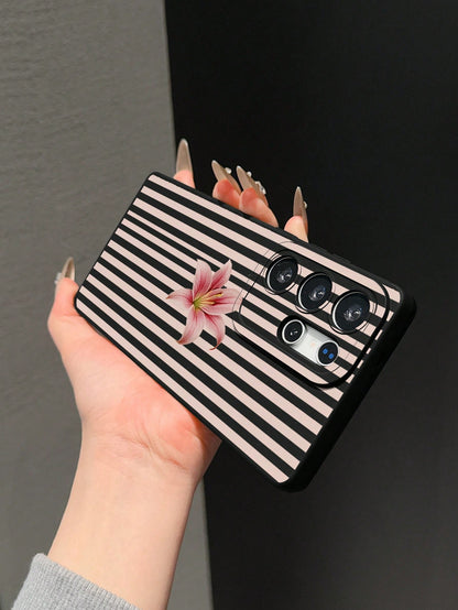 1pc Black Matte Anti-Fall Anti-Slip TPU Soft Phone Case UV Printed Stripe And Flower Pattern Phone Case Suitable For IPhone 7/8/7PLUS/8PLUS/X/XS/XR/XSMAX/11/11PRO/11PROMAX/12/12PRO/12PROMAX/12MINI/13