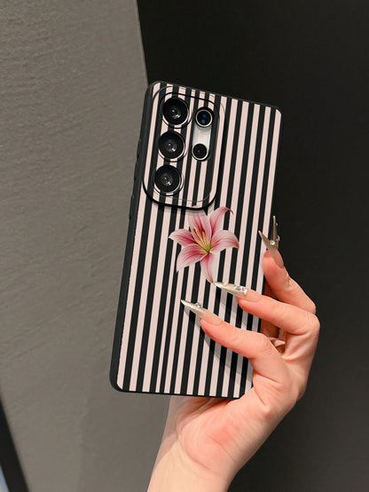 1pc Black Matte Anti-Fall Anti-Slip TPU Soft Phone Case UV Printed Stripe And Flower Pattern Phone Case Suitable For IPhone 7/8/7PLUS/8PLUS/X/XS/XR/XSMAX/11/11PRO/11PROMAX/12/12PRO/12PROMAX/12MINI/13