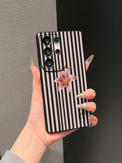1pc Black Matte Anti-Fall Anti-Slip TPU Soft Phone Case UV Printed Stripe And Flower Pattern Phone Case Suitable For IPhone 7/8/7PLUS/8PLUS/X/XS/XR/XSMAX/11/11PRO/11PROMAX/12/12PRO/12PROMAX/12MINI/13